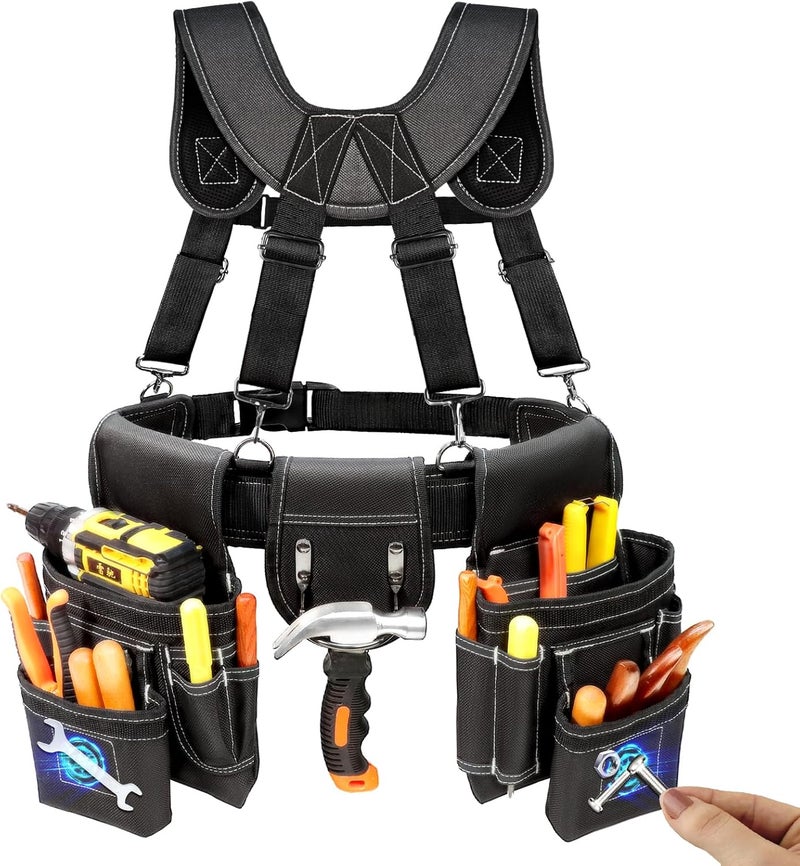 TEKCHIC Tool Belt, Professional Tool Belts for Men, Magnetic Tool Pouch With Suspenders, Heavy Duty Detachable Adjustable Utility Belt Work Bags for Electrician, Carpenter (Black, 32''-66'') - Image 1